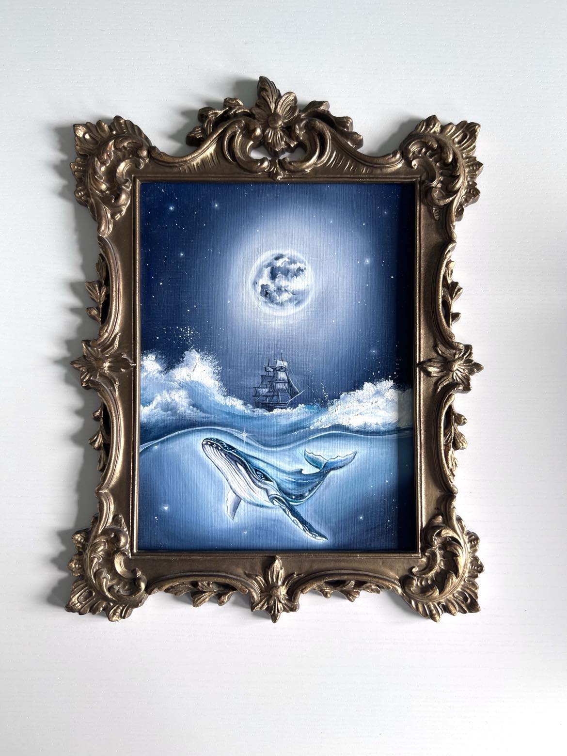 Vintage Frame with Original Ship & Whale Painting