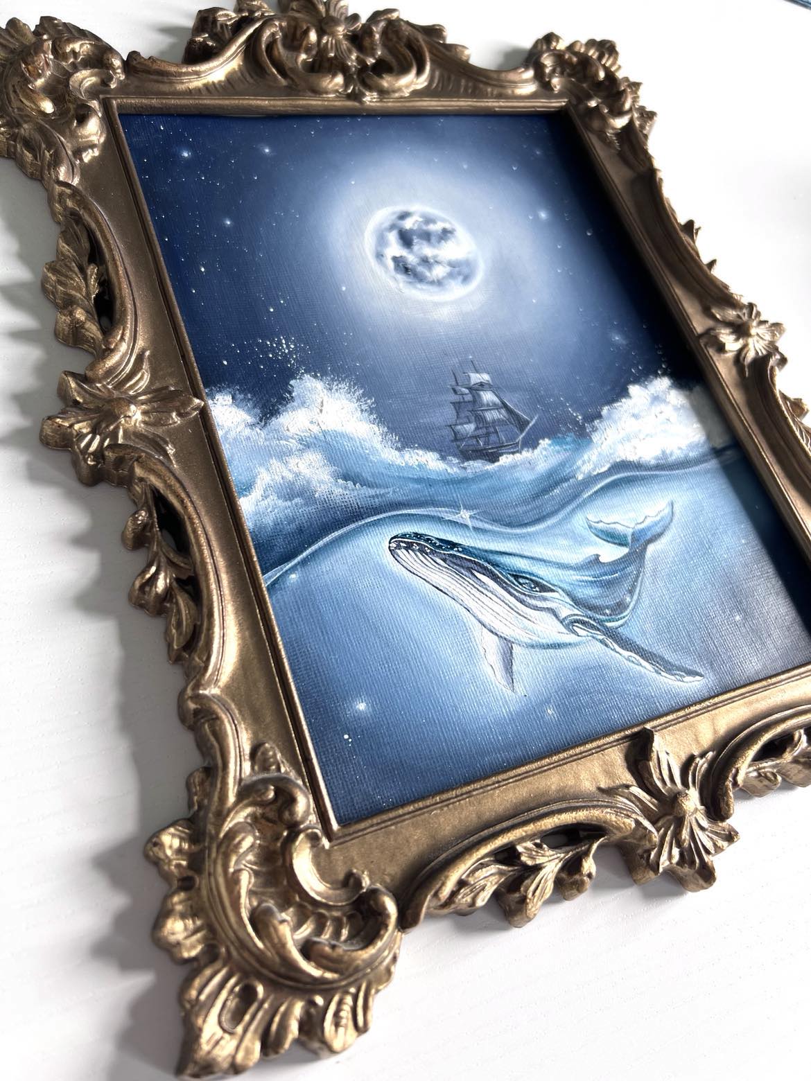 Vintage Frame with Original Ship & Whale Painting