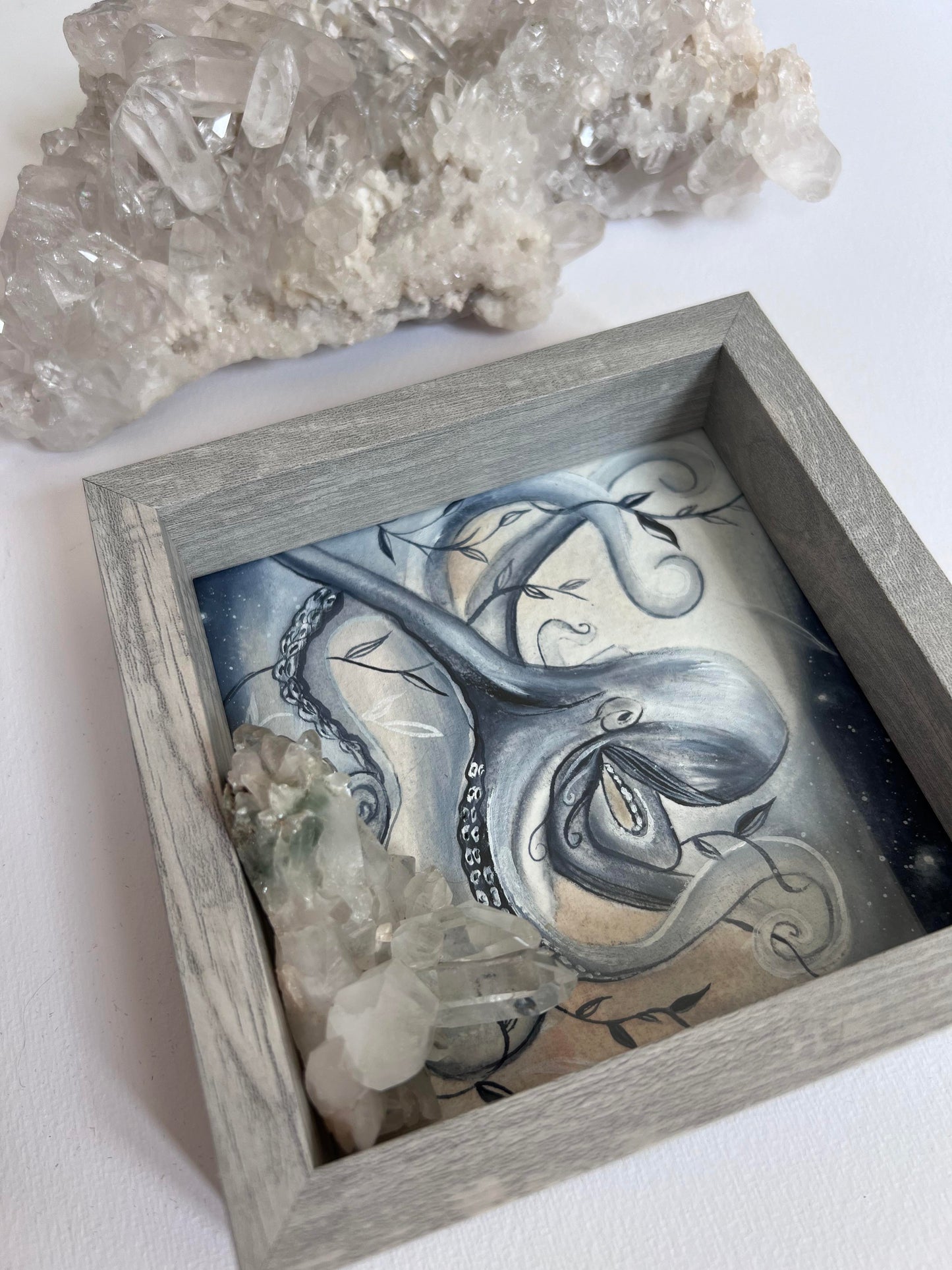 Wooden Frame with Octopus Painting with Himalayan Quartz